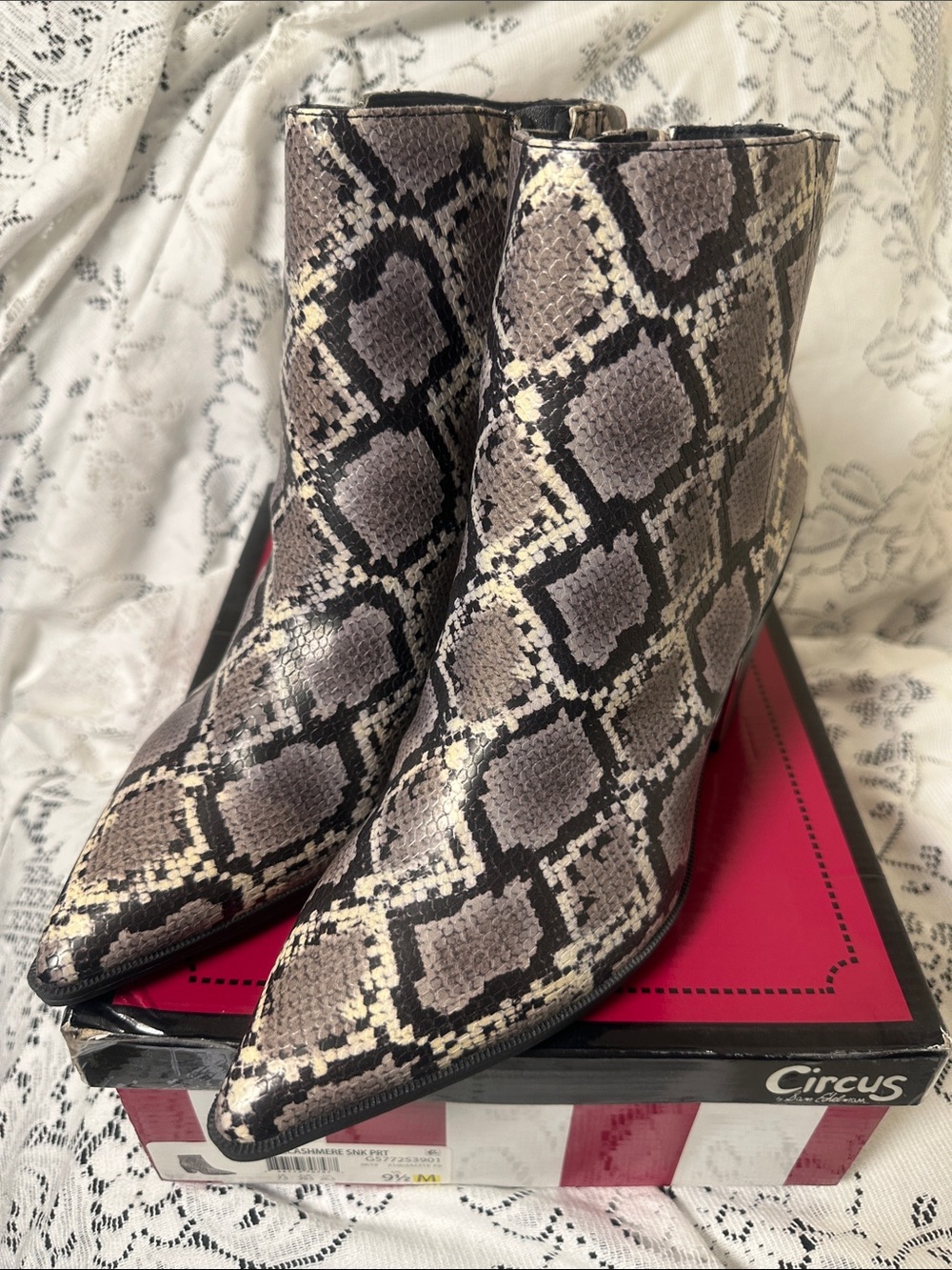 Circus by Sam Edelman Snake-Print Pointed Toe Ankle Boots in Gray. 3-inch heel